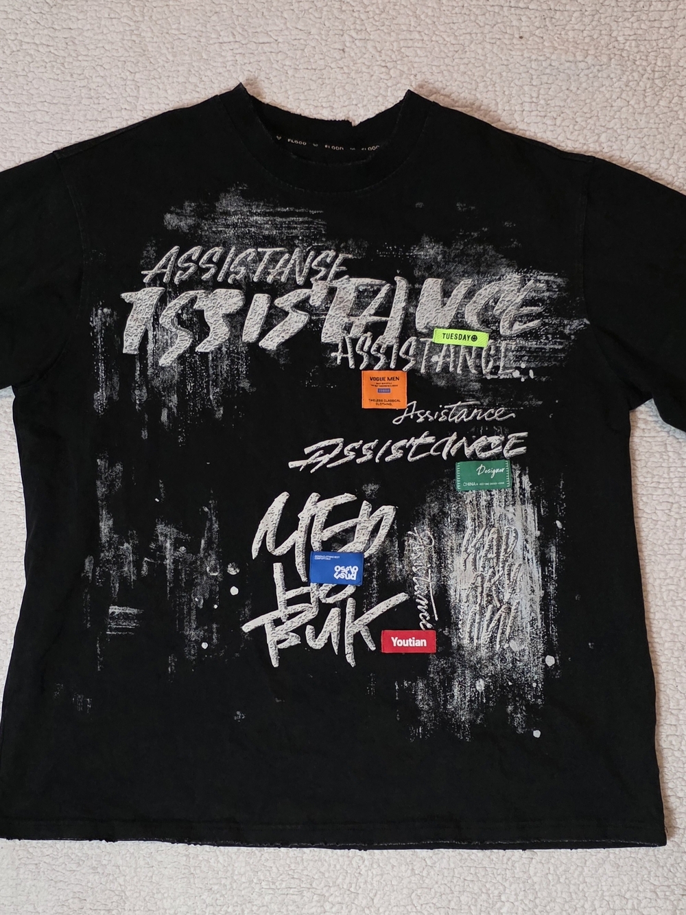 FLOOO Men's XL Oversized Graphic T-Shirt Black Distressed Y2K Grunge Streetwear